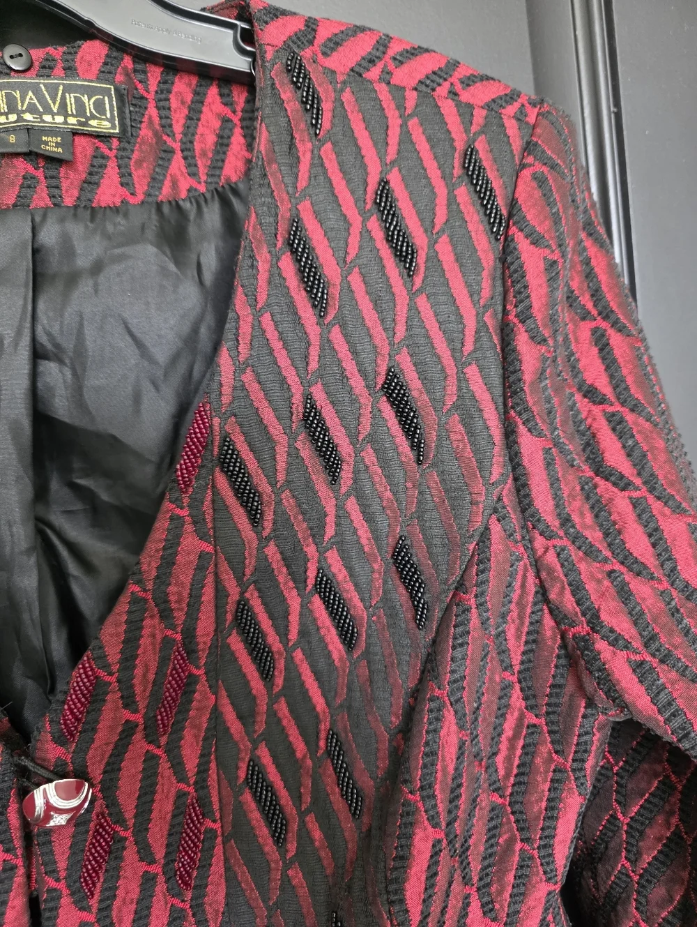 Donna Vinci Couture Jacket Size 8 Red Black Textured Blazer Button Front Career
